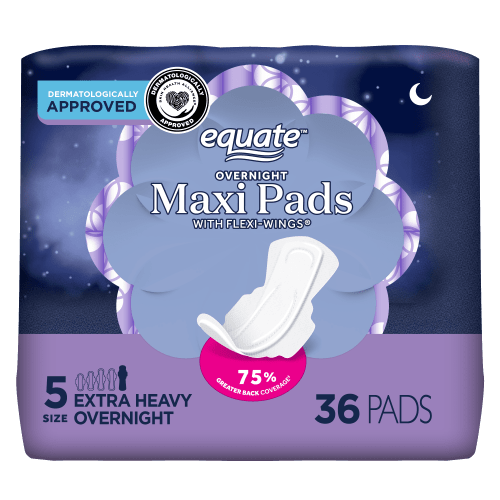 Equate Overnight Maxi Pads with Wings, Size 5, Extra Heavy Overnight Protection (36 Count) HSA/FSA Eligible