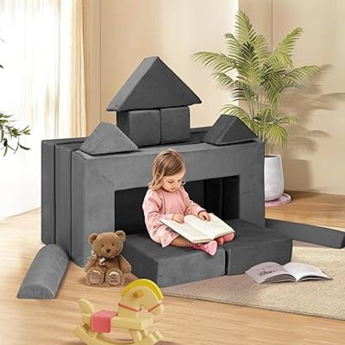 MAGIC UNION 12PCS Modular Kids Play Couch, DIY Convertible Block Foam Toddler Couchs Building Fort Bed for Playing, Creativing, Sectional Child Couch Kids Sofa Furniture for Playroom (Gray)