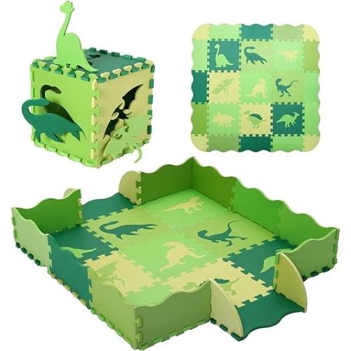 Foam Play Mat for Kids，25Pcs Square Interlocking Puzzle Floor Mat，Baby Play Mat Floor Mat Foam Puzzle Playmat for Toddlers with Fence - Green Dinosaurs