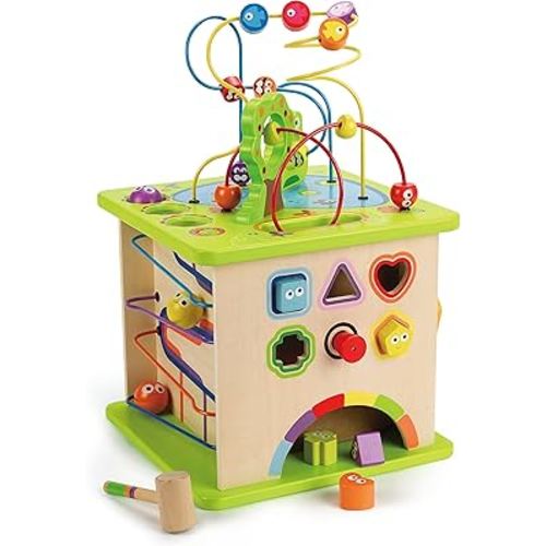 Country Critters Wooden Activity Play Cube by Hape | Wooden Learning Puzzle Toy for Toddlers, 5-Sided Activity Center with Animal Friends, Shapes, Mazes, Wooden Balls, Shape Sorter Blocks and More, 13.78 x 13.78 x 19.69 inches