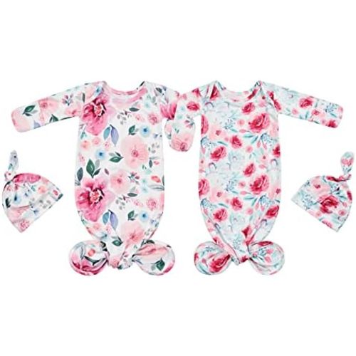 Newborn Baby Sleeper Gown - Knotted Nightgown Coming Home Outfits for Baby Girl - 2-Piece Set With Hat