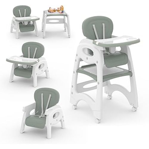 Xilingol 8 in 1 Convertible Baby High Chair W/Wheels, Baby Feeding Chair W/Adjustable Backrest & Removable Dual Tray, Building Block Table & Chair Set, HighChair for Babies & Toddlers (Green)