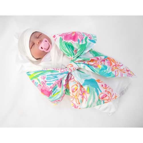 100% cotton Newborn Baby Infant Swaddle Sash / Bow - Baby Photo Prop, Pink Orchids, Elephants, Palm Beach Baby