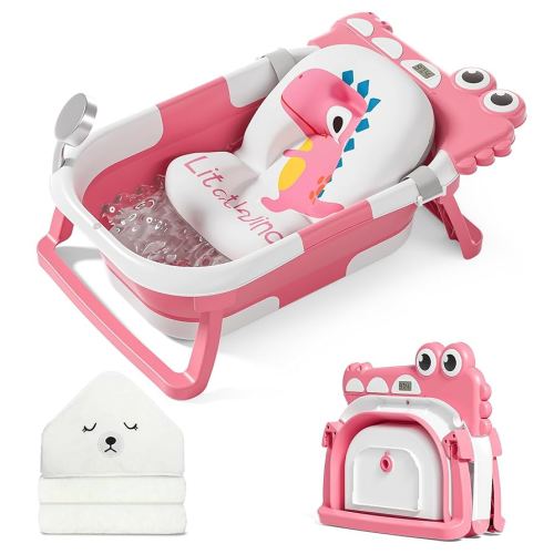 MoreFeel Collapsible Baby Bathtub for Newborn with Thermometer & 1 Hooded Towel & 1 Soft Floating Cushion,Portable Travel Bathtub with Drain Hole, Durable Foldable Baby Tubs for Infants to Toddler