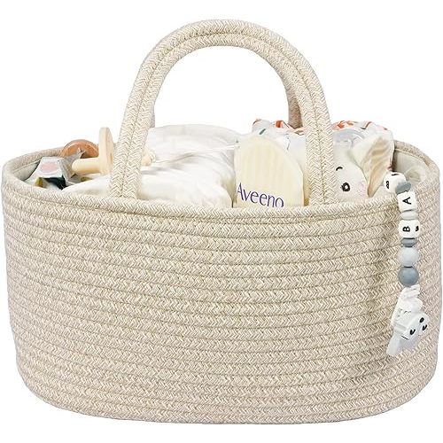 Baby Diaper Caddy Organizer for Girl Boy Cotton Rope Nursery Storage Bin Basket Portable Holder Tote Bag for Changing Table Car Travel Baby Shower Gifts Newborn Registry Must Have Items oatmeal