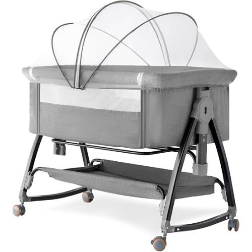 Bedside Crib, 3 in 1 Bassinet with Quick Height Adjustment and Mosquito Nets Rocking Bassinet for Baby, Bedside Bassinet with Wheels, Easy to Fold, Golden Triangle Structure(Grey)