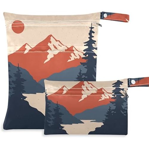 Kigai 2pcs Setting Sun Mountain Wet Dry Bags,Waterproof Reusable Cloth Diaper Wet Dry Bags for Travel,Diapers,Dirty Gym Clothes and Toiletries