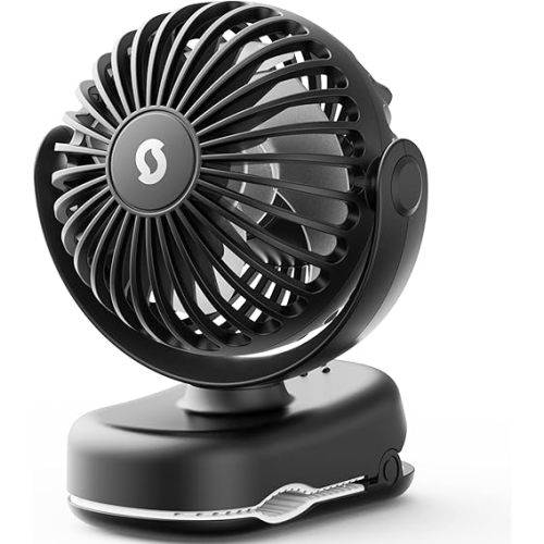SWEETFULL Stroller Fan with Clip - Portable Rechargeable Mini Fan with Strong Clamp, 3 Speeds, 11Hrs Cooling, Cute Small Personal Desk Cooler for Bed Pet Carriers Umbrell Travel Outdoor - Black