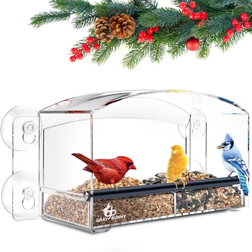 Gray Bunny Window Bird Feeder with Strong Suction Cups, Modern Window Bird Feeders for Outdoors Viewing, Clear Transparent Squirrel Proof Birdfeeder, Drain Holes, Removable Tray, Large Seed Capacity