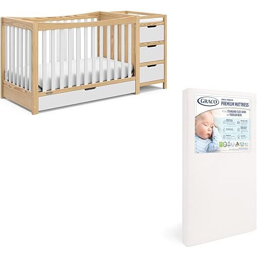 Graco Remi 4-in-1 Convertible Crib & Changer (White & Natural) - with Graco Premium Foam Crib & Toddler Mattress
