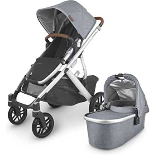 UPPAbaby Vista V2 Stroller/Convertible Single-to-Double System/Bassinet, Toddler Seat, Bug Shield, Rain Shield, and Storage Bag Included/Gregory (Blue Mélange/Silver Frame/Saddle Leather)