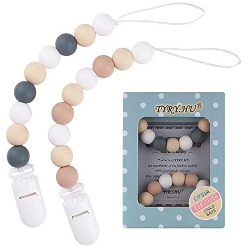 Pacifier Clips for Baby Boys Girls, TYRY.HU Paci Clips Silicone Teething Beads Binky Holder Soothie Teether Toys 2 Pack (Neutral)