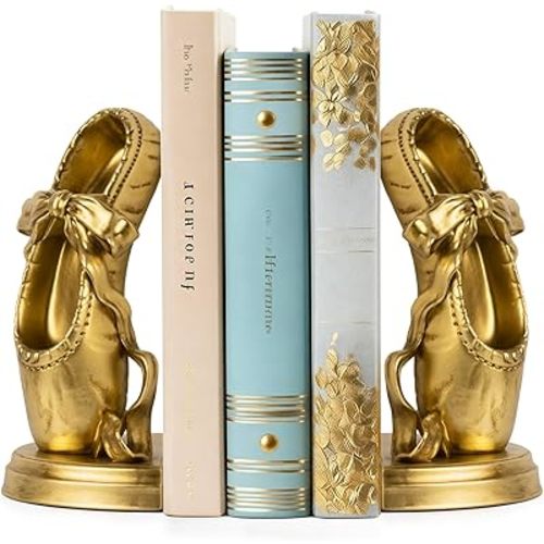 Bookends for Shelves, Ballet Slipper Decorative Bookends - Book Ends with Anti-Slip Pad for Book Lovers Dancers Heavy Book Holder for Home Office Decor (Gold)