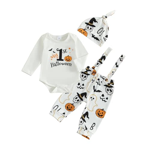 My First Halloween Baby Boy Outfit Newborn Long Sleeve Romper Supender Pants Hat 3Pcs Halloween Baby Clothes