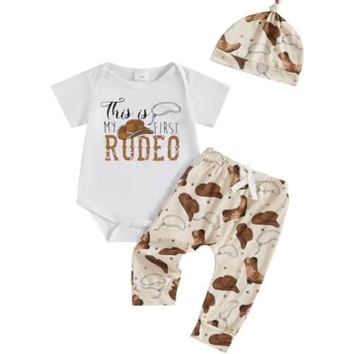 My First Rodeo Outfit Western Baby Boy 1st Birthday Clothes Short Sleeve Romper Pants Hat Set Newborn Cowboy Outfits