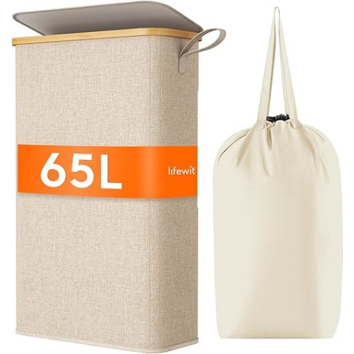 Lifewit 65L Slim Laundry Basket, Laundry Hamper with Lid, Narrow Laundry Bin with Removable Bag & Bamboo Handles, Fodable Thin Dirty Clothes Hamper for Bathroom Bedroom Dorm, Beige