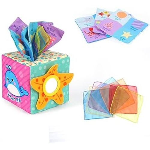 Baby Square Tissue Box Toy, Baby Sensory Toys Musical Toys Montessori Toys Crinkle Toys Colorful Soft Scarf Box for 6 9 12 Months Toddlers Infants Newborns Gift(Sea)