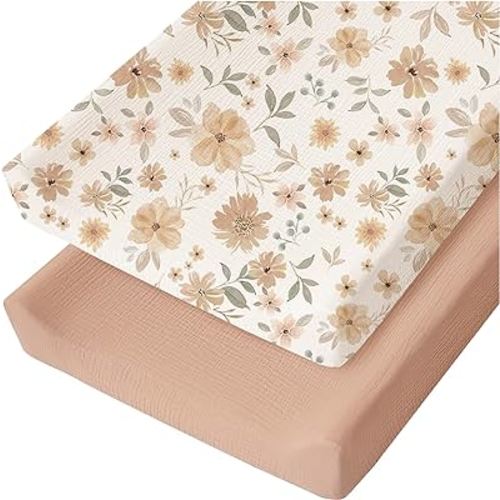 Konssy 2 Pack Muslin Changing Pad Cover for Baby Girls Boys 100% Cotton Fitted Diaper Changing Table Cover Set, Soft Changing Pad Sheets (Peach,Flowers)