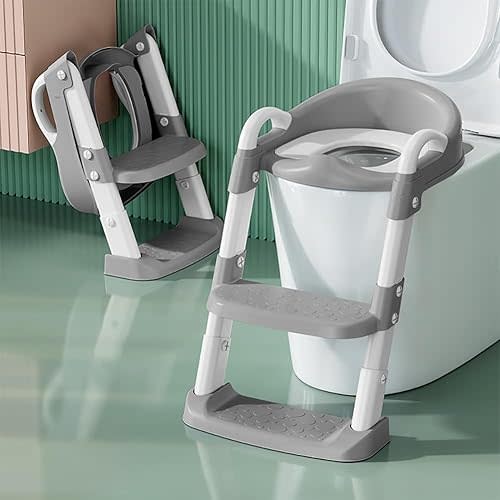 Grey & White: Potty Training Toilet Seat for Boys Girls, Toddler Toilet Seat with Step Stool Ladder, Foldable Toddler Potty Seat for Toilet with Non-Slip Design, Adjustable Height