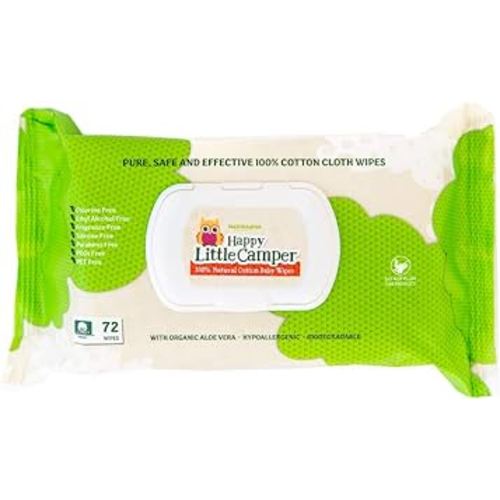 Happy Little Camper Natural Cotton Baby Wipes with Organic Aloe Vera and Natural Vitamin E, Chlorine-Free, Unscented Wet Wipes, Hypoallergenic, Gentle on Sensitive Skin, 72 Count