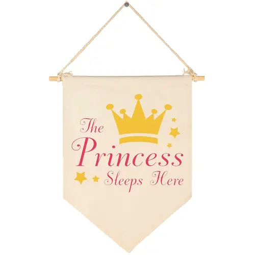 the Princess Sleeps Here -Canvas Hanging Flag Banner Wall Sign Decor Gift for Baby Kids Girl Nursery Teen Room Front Door - Crown,Stars