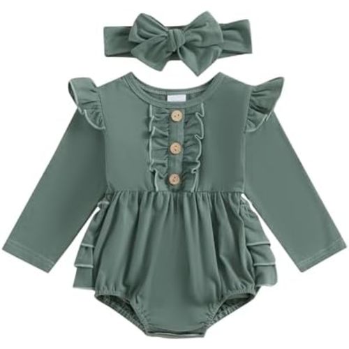 Newborn Baby Girl Outfit Ruffle Bubble Romper Long Sleeve Infant Bodysuit Jumpsuit with Headband Clothes