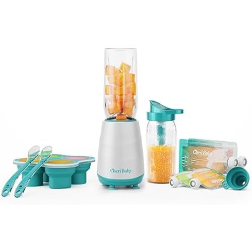 CheriBaby 15-in-1 Baby Food Maker System – Food Processor Blender Set for Baby Puree, Fruit, Vegetable, Meat, with Containers, Icicle, Reusable Food Pouch, Freezer Tray and Silicone Spoons, 20-Oz