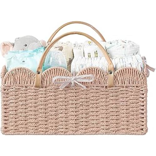 HBlife Baby Diaper Caddy, Paper Rope Storage Baskets Nursery Bin with Removable Divider, Portable Car Organizer for Diapers, Baby Shower Gifts, Newborn Essentials Must Haves