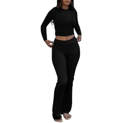 AYWA Women's 2 Piece Outfits Foldover Flare Pants Long Sleeve Crew Neck T-shirt Fitted Pajama Sets
