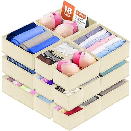 RFAQK 18 Pack Drawer Organizer Clothes-3 Sizes (L, M, S) Baby Dresser Organizer for Storage Closet-Foldable Fabric Baby Clothes Organizer for Bedroom, Bins, Bra, Socks, Belt, Tie-Beggie