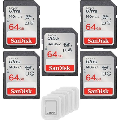 SanDisk 64GB Ultra SDXC UHS-I Class 10 Memory Card 140MB/s U1, Full HD, SD Camera Card SDSDUNB-064G (5 Pack) Bundle with (5) GoRAM Plastic Cases