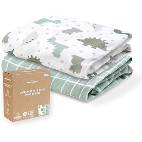 Organic Cotton Baby Crib Sheets Boy - 2pk Toddler Bed Sheets, Sage Dino