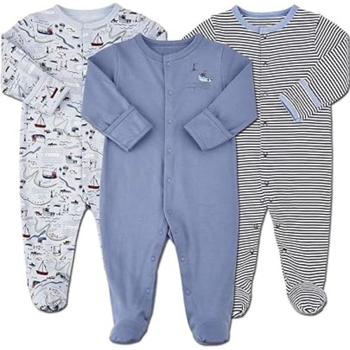 Aablexema Baby Footie Pajamas with Mittens - 3Pcs Infant Footed Sleeper Cotton Sleepwear Outfits(3-6m, Blue Stripe(Snap))