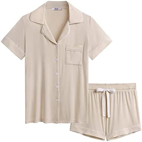 Joyaria Womens Cooling Bambo Viscose Pajamas Short Sleeve Button Down Pj Shorts Set Ultra Soft Summer Sleepwear-Small-XXL