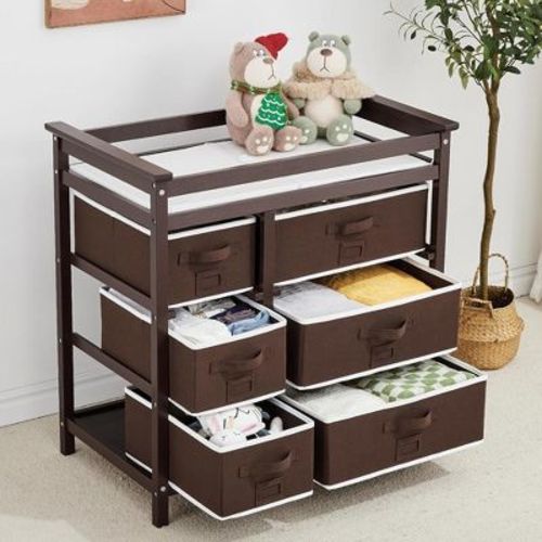 Diaper Changing Table, Wooden Portable Baby Changing Station Dresser With 6 Storage Drawers, Pad, For Nurser, Baby, Newborn Infant, Brown