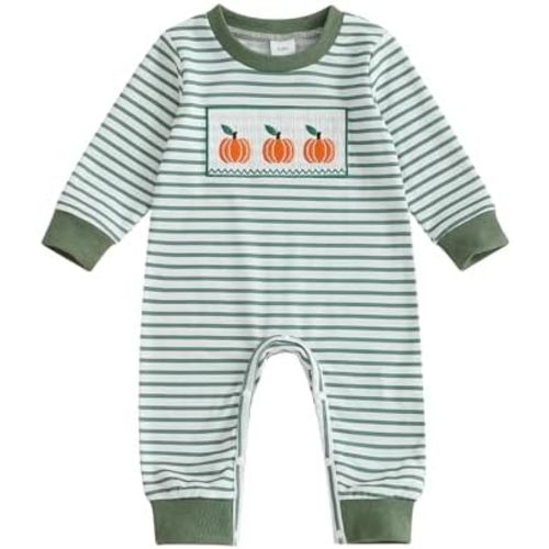 Newborn Baby Boy Girl Halloween Outfit Pumpkin Embroidery Stripe Romper Jumpsuit Bodysuit Fall Winter Clothes