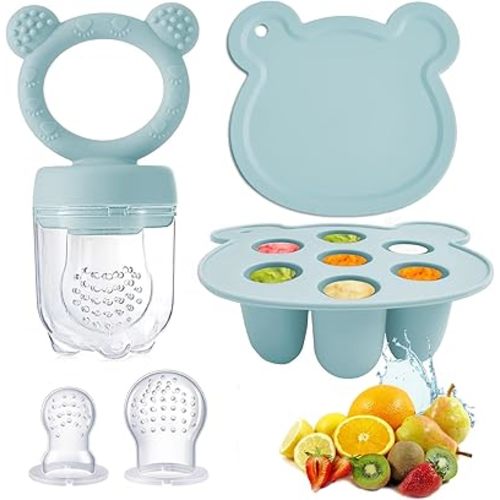 Silicone Baby Food Freezer Tray & Baby Fruit Feeder, Breastmilk Popsicle Molds for Teething and Infant Self Feeding, BPA Free Teether for Babies 4 Month+ (Blue)