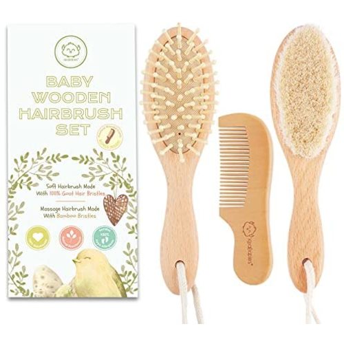 Baby Hair Brush and Comb Set for Newborn - Natural Wooden Hairbrush with Soft Goat Bristles for Cradle Cap - Perfect Scalp Grooming Product for Infant, Toddler, Kids - Baby Registry (Oval, Walnut)