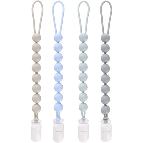 4-Pack Silicone Pacifier Clips for Baby Boys and Girls - with One-Piece Beads, Flexible and Rust-Free Holders for Teething Relief and Baby Essentials - Safe for Newborns (Grey)