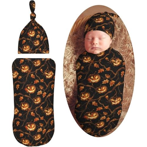 Glowing Pumpkins Newborn Swaddle Blankets Hat Sets Soft Baby Receiving Blanket Swaddle Sack for Baby Shower Infant Boy Girl Gift