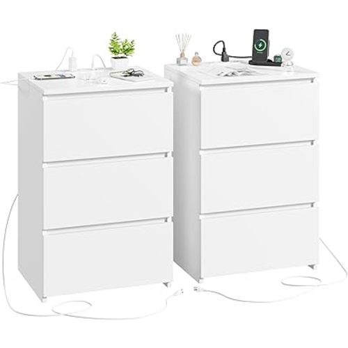 FOTOSOK White Nightstand Set of 2, 26" H White Night Stand with Charging Station, Nightstand Set 2 with USB Ports & Power Outlets, Silent Slides, Wooden End Side Table Bedside Table for Bedroom