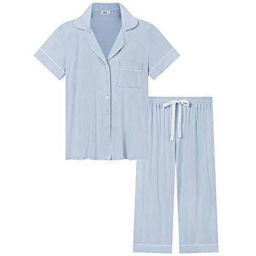 Joyaria Women Viscose Made from Bamboo Pajamas Set Cooling Capri Button Up/Down Pjs Short Sleeve Sleepwear
