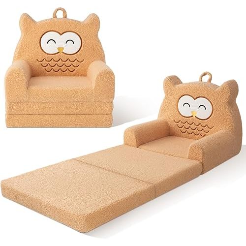 Toddler Couch, 3-Fold Convertible Kids Couch with Cute Owl Design, Fold Out Toddler Chair for 1-3 Years Old, Soft Baby Sofa Bed for Playroom, Washable Cover