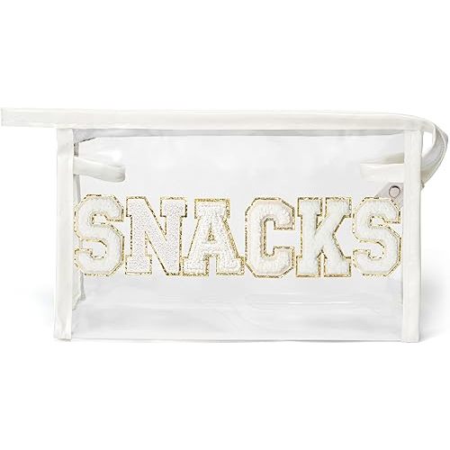 SNACKS Clear Bag - Preppy Patch White Chenille Varsity Letter Transparent PVC Large Cosmetic Pouch Portable Waterproof Travel Organizer Toiletry Compliant Carry Bag for Women Girl(White)