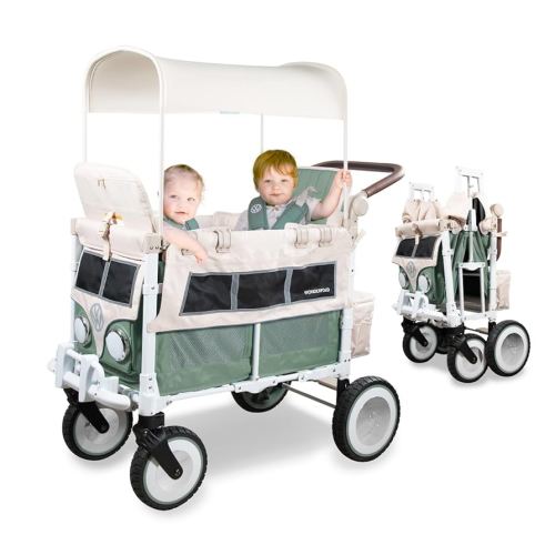WONDERFOLD Volkswagen Double Stroller Wagon (2 Seater) - Foldable Wagon Stroller with Classic VW Bumper, Headlights, and Retro All-Terrain XL Wheels, Sage Green