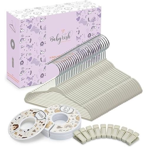 Unisex Nursery Closet Organizer Set - 30X Velvet Hangers for Baby Clothes with 8X Closet Size Dividers (Newborn Infant to Toddler) and 10X Hanger Clips - All in Cute Box (Beige)