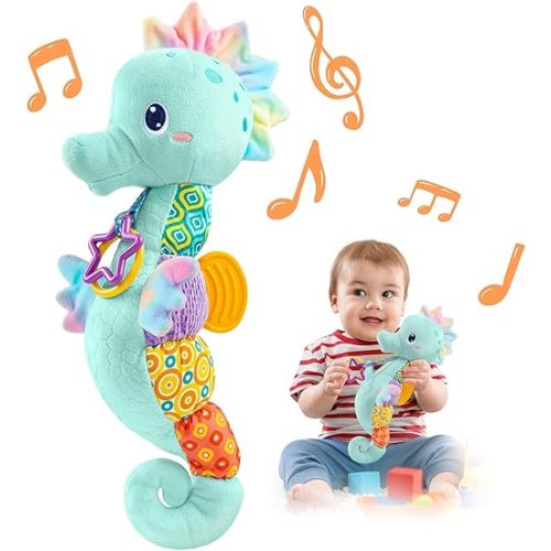 LIGHTDESIRE Baby Toys Musical Seahorse,Infant Stuffed Animal Toys with Crinkle and Rattles,Soft Sensory Toys with Textures for Tummy Time Newborn Boys Girls 0 3 6 12 Months(Blue)