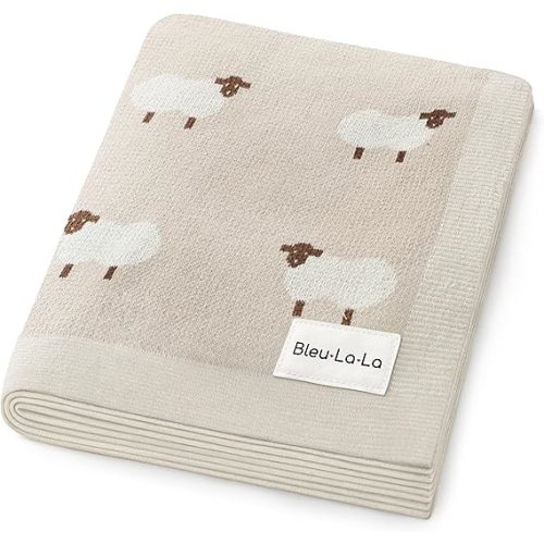 Bleu La La Baby Swaddle Blanket - 100% Luxury Cotton Knit Soft Cozy Lightweight Unisex Receiving Stroller Quilt Blanket for Shower Gift Registry for Newborns Infants Toddlers (Sheep - Khaki)