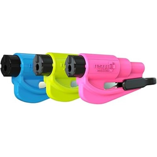 RESQME The Original Emergency Keychain Car Escape Tool, 2-in-1 Seatbelt Cutter and Window Breaker, Made in USA, Family Pack of 3 - Blue, Pink, Yellow -Compact Emergency Hammer