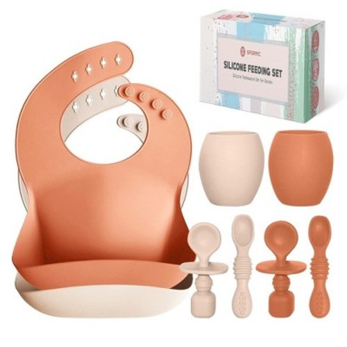 Baby Silicone Feeding Set - Baby Led Weaning Utensils, Silicone Bibs, Infant Feeding Cups Toddlers Smooth Material For Practical Eating, Set of 8